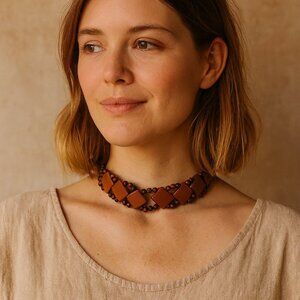 Vintage Handmade Wooden Beaded Choker Necklace With Adjustable Leather Cord